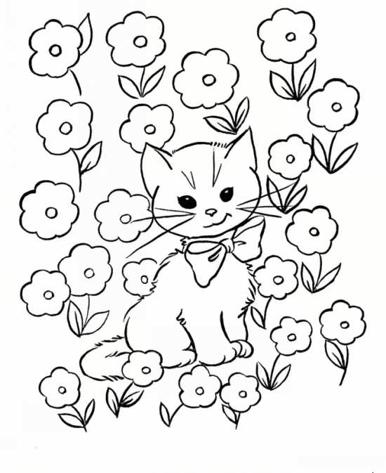 نقاشی گربه در بین گل های رنگارنگ 
