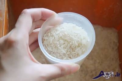 ریختن برنج با پیمانه در درون قابلمه 