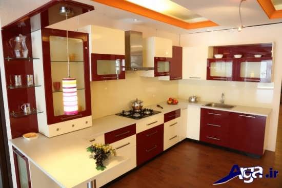 کابینت آشپزخانه گلاس با دو رنگ سفید و قرمز 