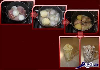آب پز کردن سیب زمینی و مرغ 