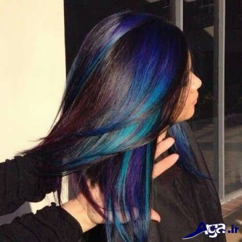 مدل هایلایت بنفش و آبی روی موهای مشکی 