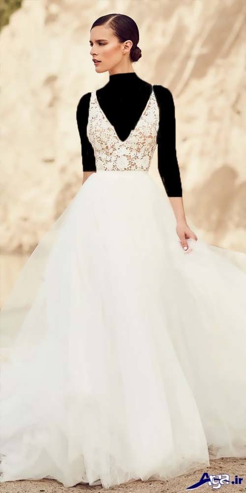 مدل لباس عروس با بالا تنه گیپور دار 