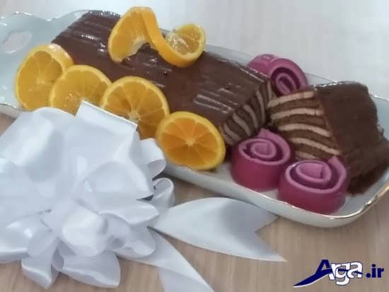 تزیین ساده کیک یخچالی با شکلات و پرتقال 