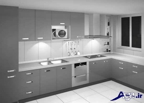 طراحی زیبای آشپزخانه با رنگ طوسی و نقره ای