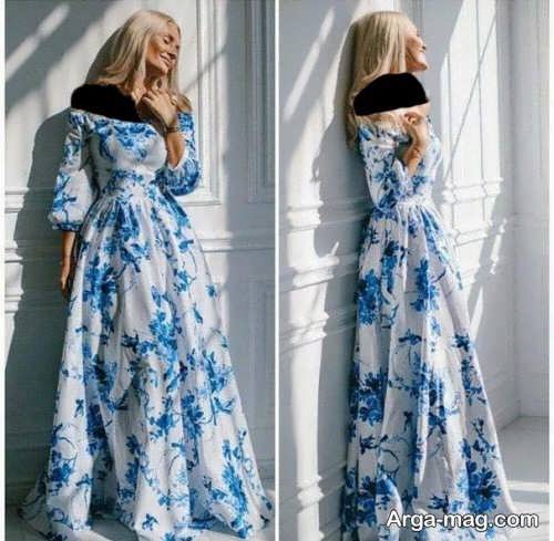 مدل لباس مجلسی با پارچه گلدار آبی و سفید 