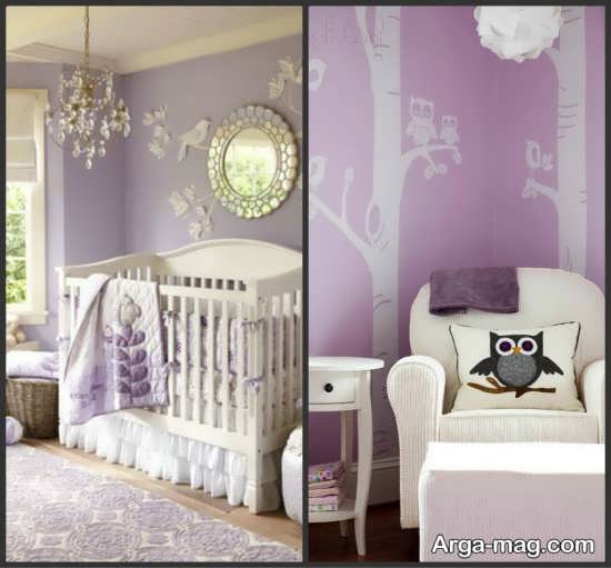 استفاده از دو رنگ سفید و بنفش در تزیین اتاق خواب نوزاد دختر