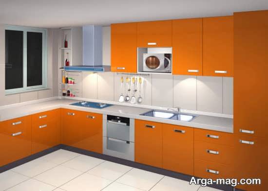 مدل کابینت آشپزخانه مدرن با تم نارنجی