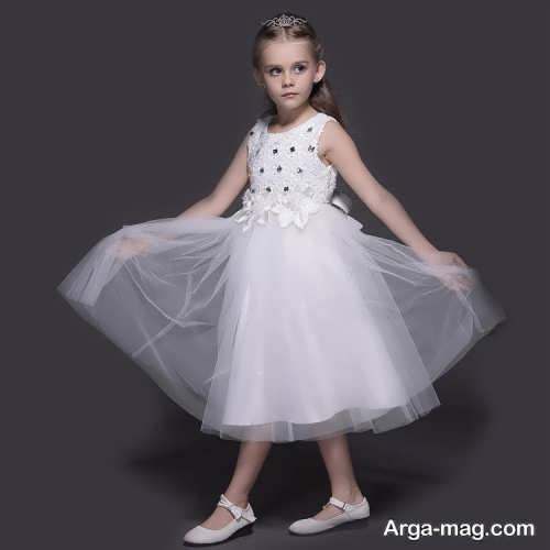 مدل لباس عروس بچه گانه پرنسسی کار شده با تور