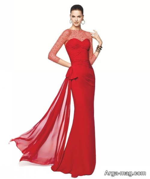 مدل لباس مجلسی قرمز کار شده با تور 