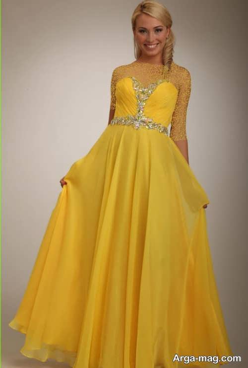 مدل لباس مجلسی بلند زرد 