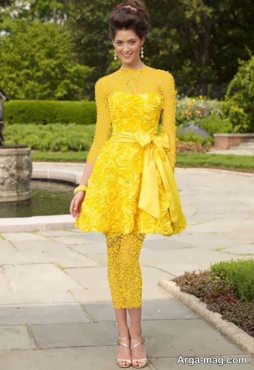 لباس مجلسی گیپور زرد 