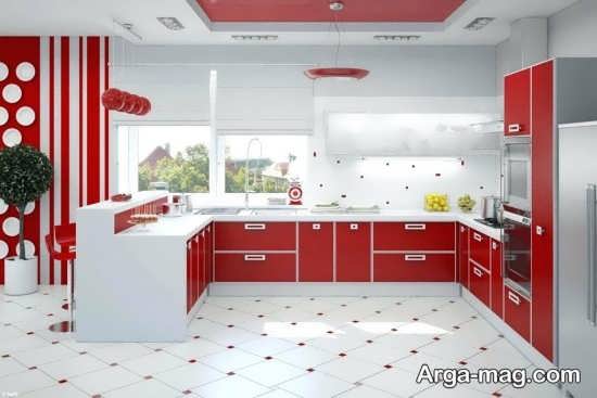 دکوراسیون آشپزخانه سفید و قرمز 