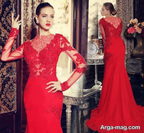 مدل لباس شب قرمز و کار شده با گیپور 