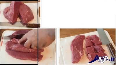 تکه تکه کردن گوشت برای طبخ کباب چنجه 
