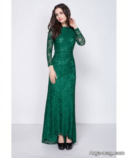 مدل لباس مجلسی با پارچه گیپور سبز