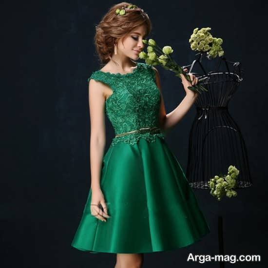مدل لباس مجلسی با پارچه گیپور سبز