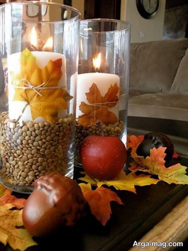 دیزاین پاییزی شمع با برگ