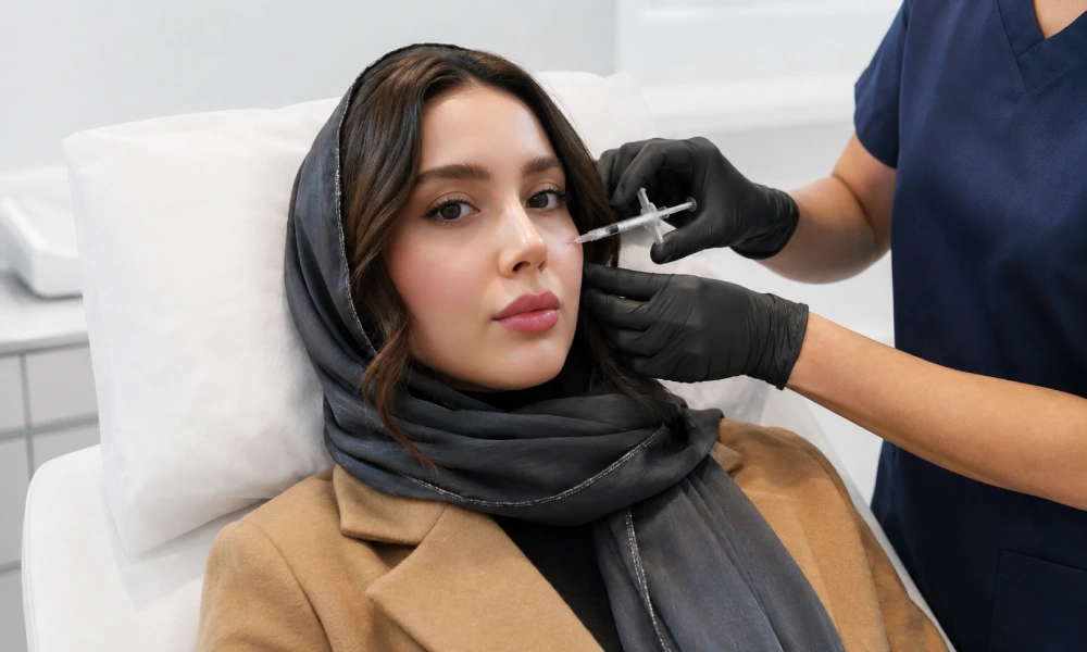 خانمی در کلینیک زیبایی در حال تزریق فیلر گونه است