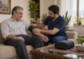 پرستار در حال گرفتن فشار خون بیمار پیش از فصد خون در منزل
