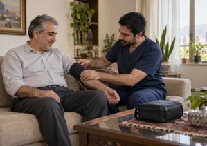 پرستار در حال گرفتن فشار خون بیمار پیش از فصد خون در منزل